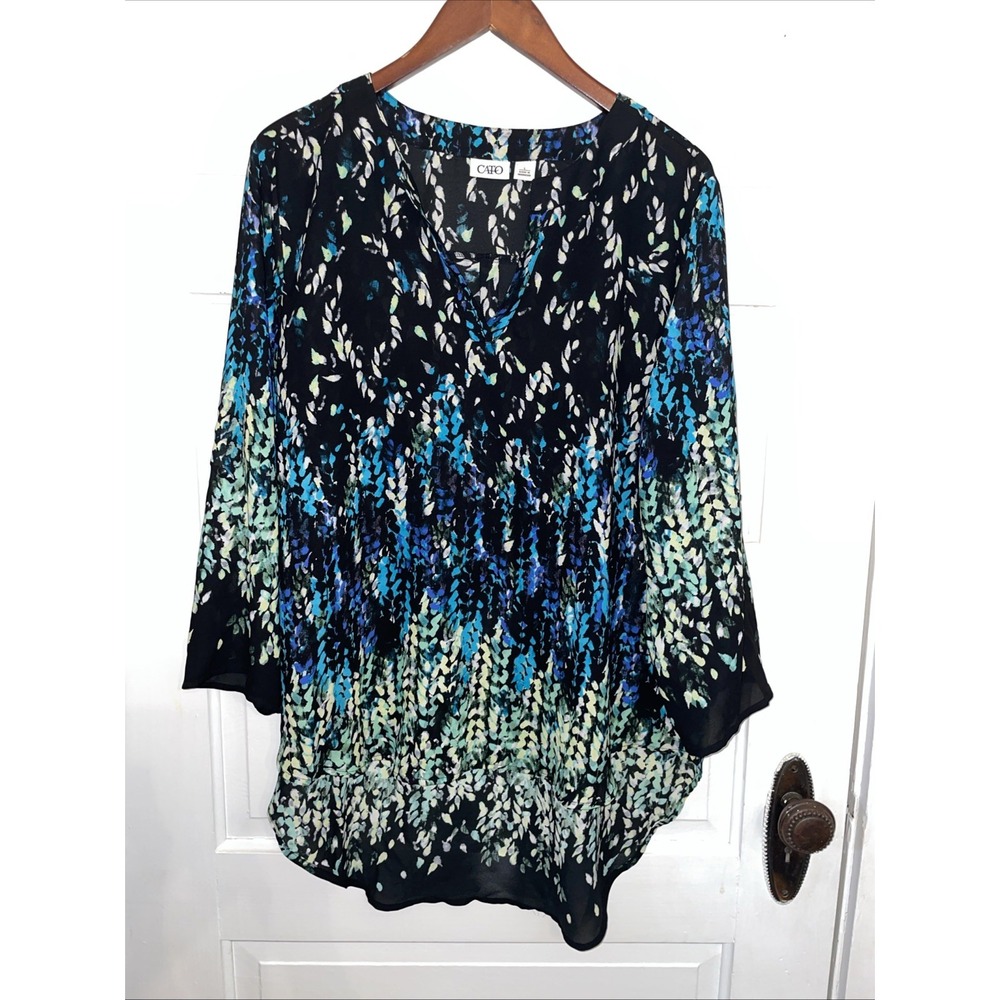 Cato Womens L blouse black with cool color accents hi-lo 3/4 sleeves